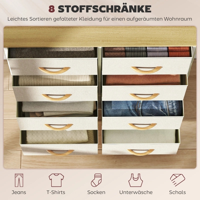 Cassettiera con 8 cassetti in tessuto; 4 tasche e 2 ganci; in acciaio; per camera da letto; beige; 86×30×94.5 cm