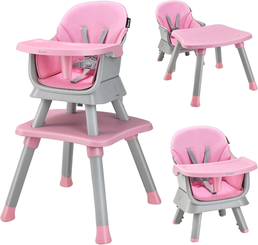 Seggiolone Pappa per Bambini 6 in 1, Seggiolone per Neonati Convertibile, Tavolo per Costruzioni per Bambini, con Imbracatura a 5 Punti, per Bambini da 6 Mesi fino 3 Anni (Rosa)