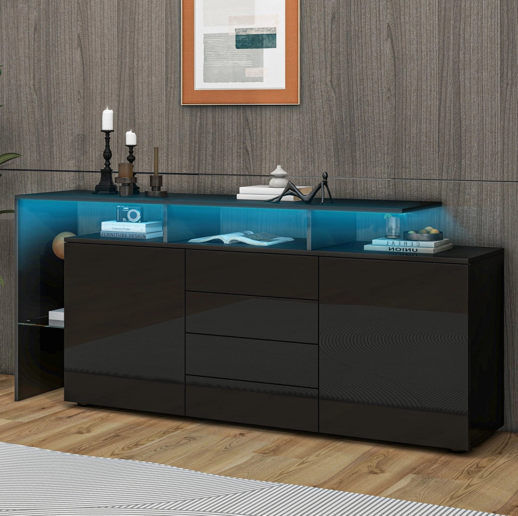 Sideboard moderno 160 cm con LED; USB; 4 cassetti e ante lucide; nero
