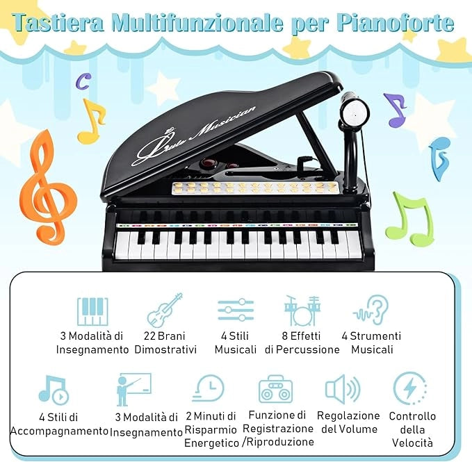 Tastiera Pianoforte a 31 Tasti con Microfono e Sgabello, Pianoforte Giocattolo Portatile con Modalità di Insegnamento a LED, Pianoforte a Coda per Bambini 3+ Anni (Nero), 35 x 30 x 55 cm