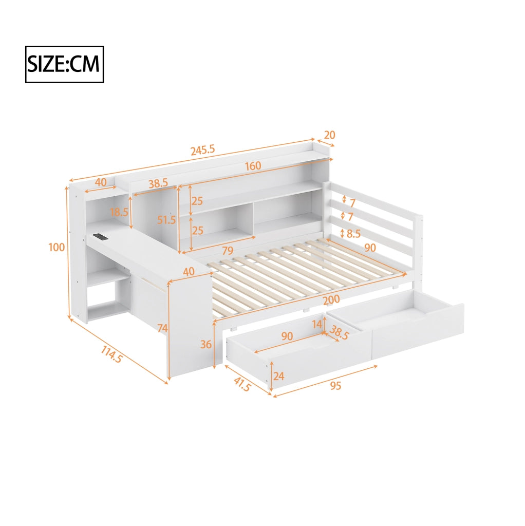 Divano letto multifunzionale 90x200 cm con scrivania; libreria; prese USB; bianco