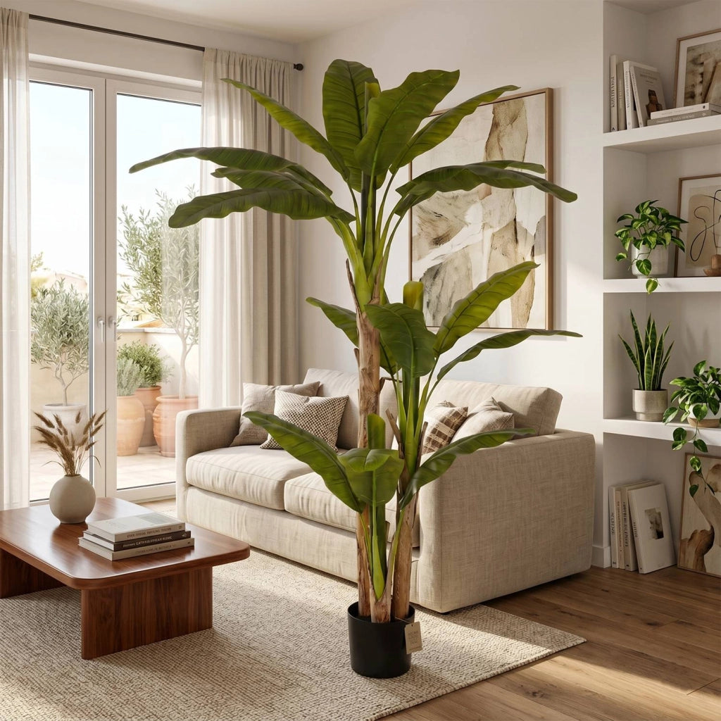 Albero di Banano Artificiale 180cm con 3 Fusti e 20 Foglie Realistiche, Pianta Tropicale Decorativa per Interni, Uffici,