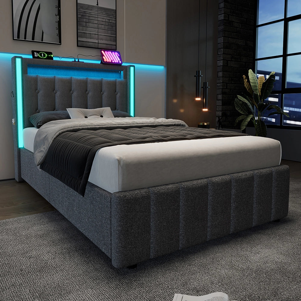 Letto singolo con tiroir e LED - Xylo - 90x200 cm - Grigio