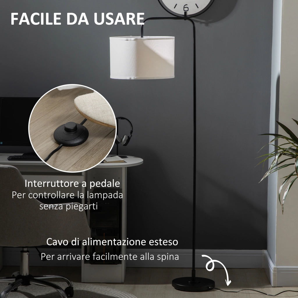 Lampada da Terra Moderna in Acciaio con Paralume in Tessuto Effetto Lino, 64x38x163.5 cm, Bianca e Nera