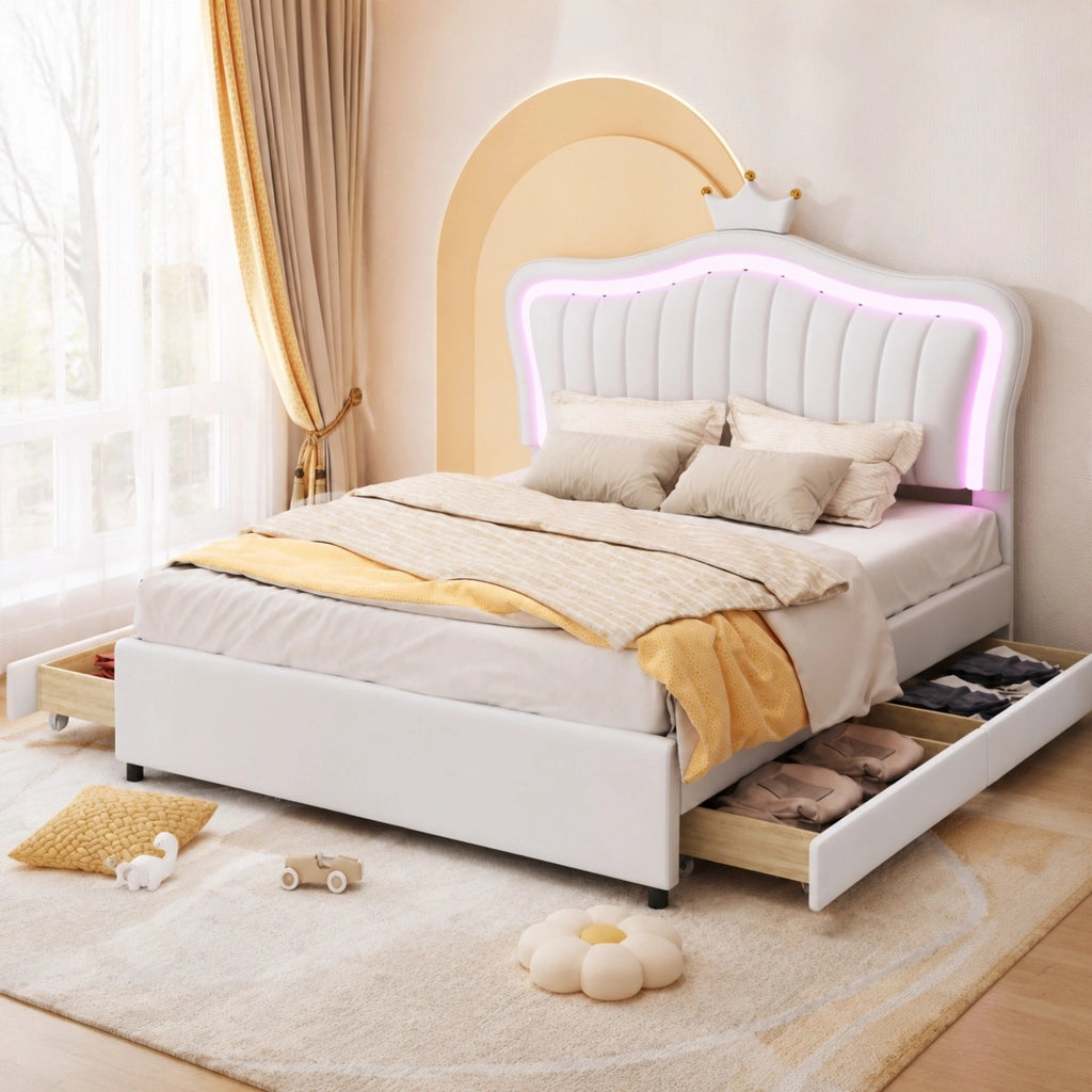LETTO imbottito 140x200 cm bianco in PU con 4 cassetti e LED