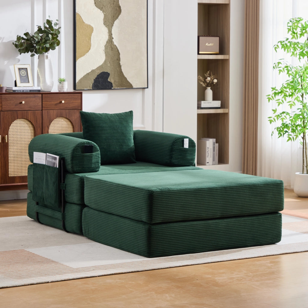 Divano modulare velluto a coste verde con pouf, cuscino e tasca laterale