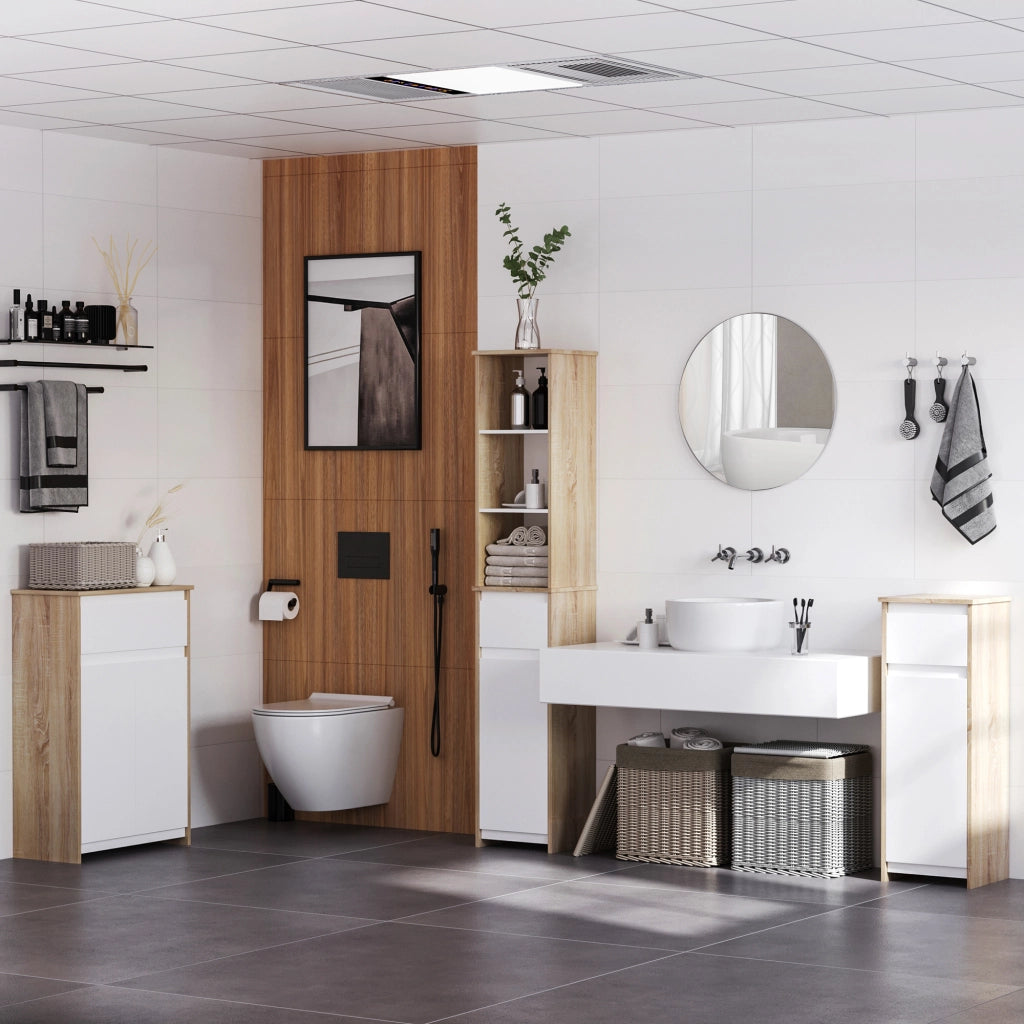 Armadietto Bagno con Cassetto e Anta ¨C Zephmum ¨C 32.6x30x90 cm Bianco e Naturale