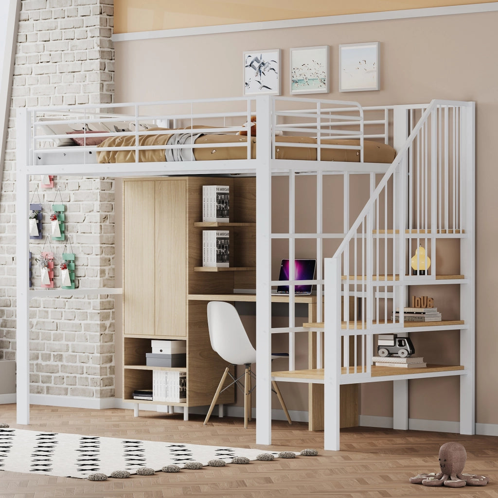 Letto a soppalco 140 × 200 cm 2 posti con spazio contenitore e scala; senza materasso; in metallo e legno bianco