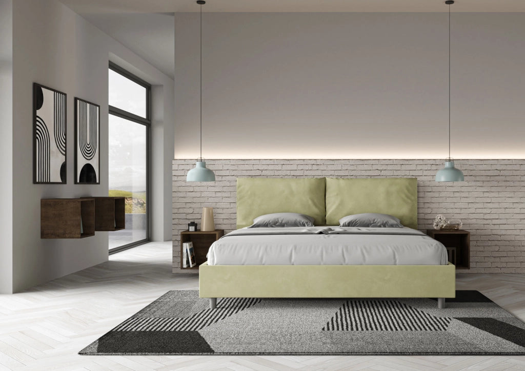 BS COM Letto matrimoniale king size contenitore imbottito 190x200 microfibra tè verde Large