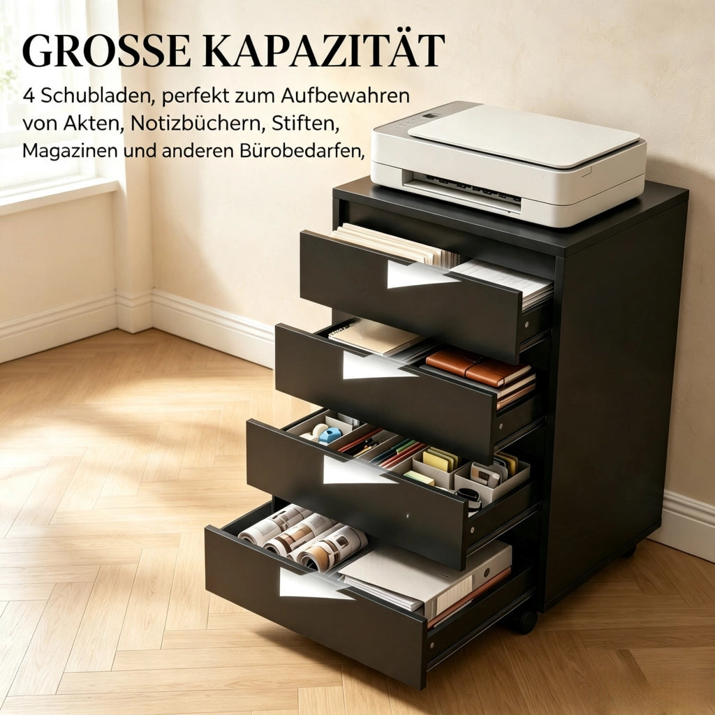 Mobile contenitore da scrivania su ruote, contenitore con ruote e 4 cassetti, contenitore da scrivania con finitura in legno, contenitore ufficio mobi