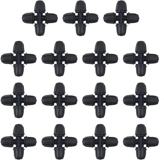 Connettori di irrigazione 15 pezzi - Connettore a 4 vie - Connettori di alta qualità per tubi - Clip di blocco - Prevenzione di fughe - Avviso di sicurezza - Connettori di tubo
