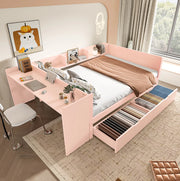 Letto matrimoniale 140x200 cm con scrivania, scaffali e 2 cassetti rosa