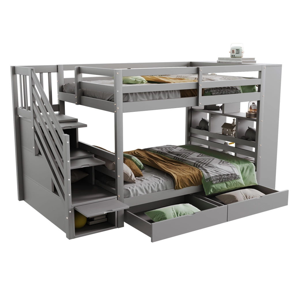 Letto a castello 90x200 cm con scala contenitore e cassetti, grigio