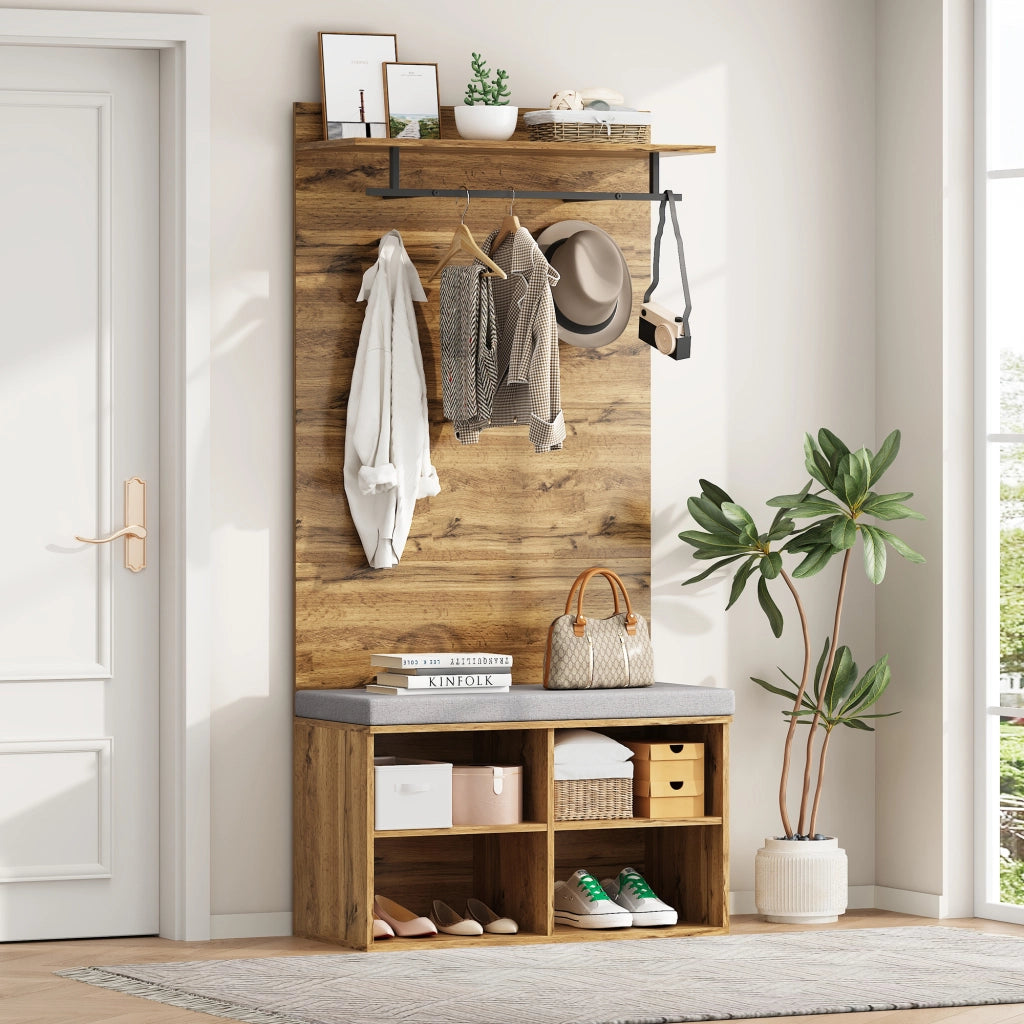 Mobile ingresso con panca scarpiera e cuscino; appendiabiti da ingresso rovere con ripiani; 84x35x175 cm