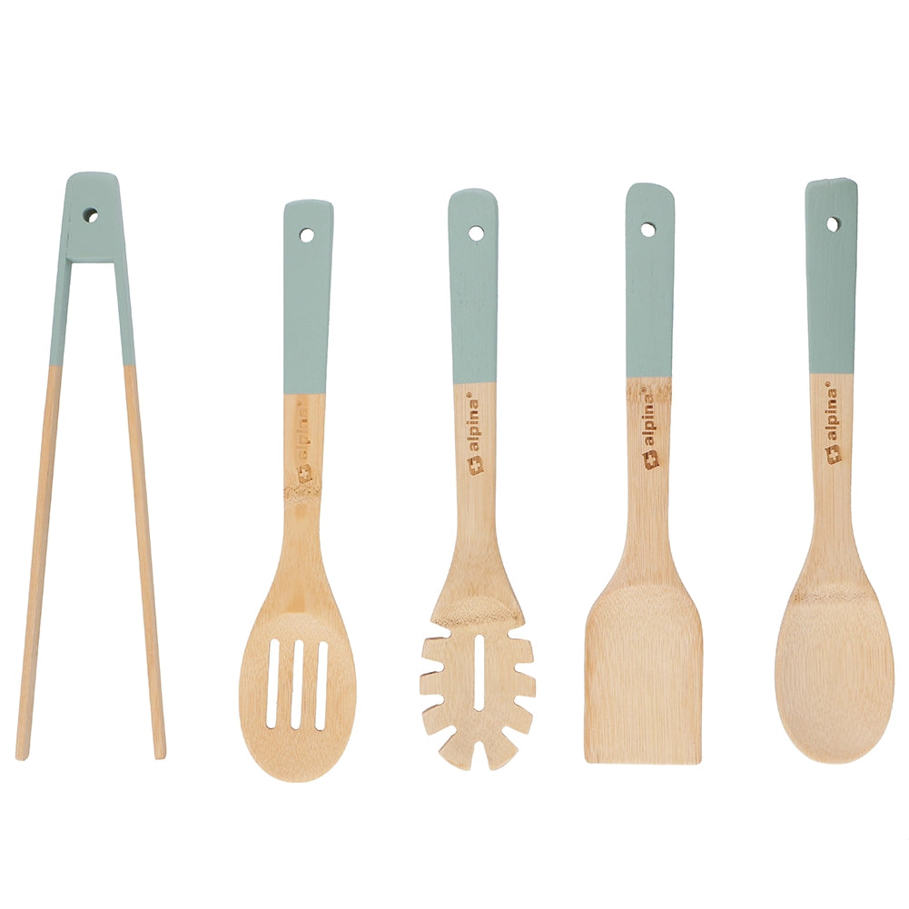 Set 5 Utensili da Cucina in Bambù Lunghezza 30 cm Antigraffio Colori Assortiti