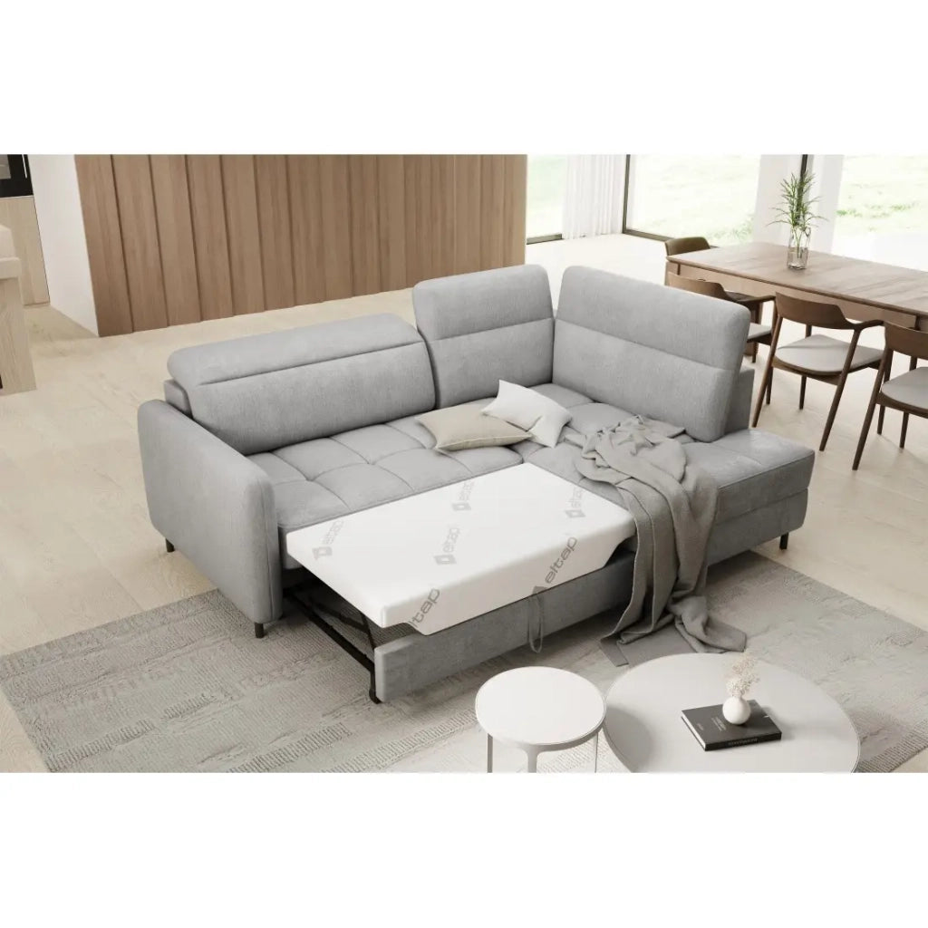 Divano ad angolo destro convertibile BARNEA 208 cm grigio chiaro con vano portaoggetti