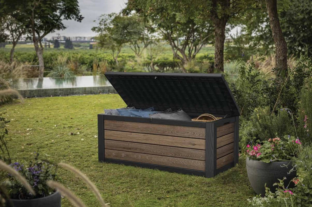Cassapanca outdoor Brantford, Baule da giardino, Contenitore da esterno, Panchina contenitore da esterno, 152x73 h70 cm, Noce