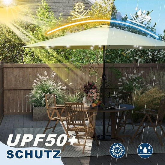 Ombrellone in alluminio con protezione UV 40+, 3m con LED, 300 cm x 350 cm, beige, per balcone, giardino e terrazza