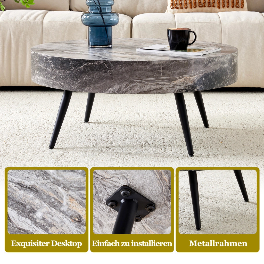 Tavolino rotondo da caff¨¨ con diametro di 70 cm in MDF effetto marmo grigio e gambe in metallo nero. Design minimalista, ideale per soggiorni e piccol