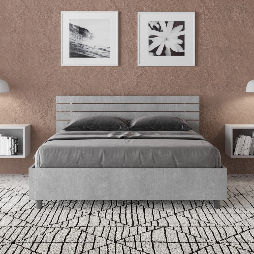 BS COM Letto matrimoniale francese contenitore 140x200 testata dritta con doghe cemento