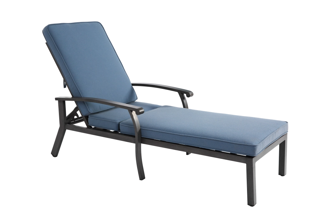 Sedia lounge da esterno in alluminio con cuscino blu, schienale reclinabile a 5 posizioni