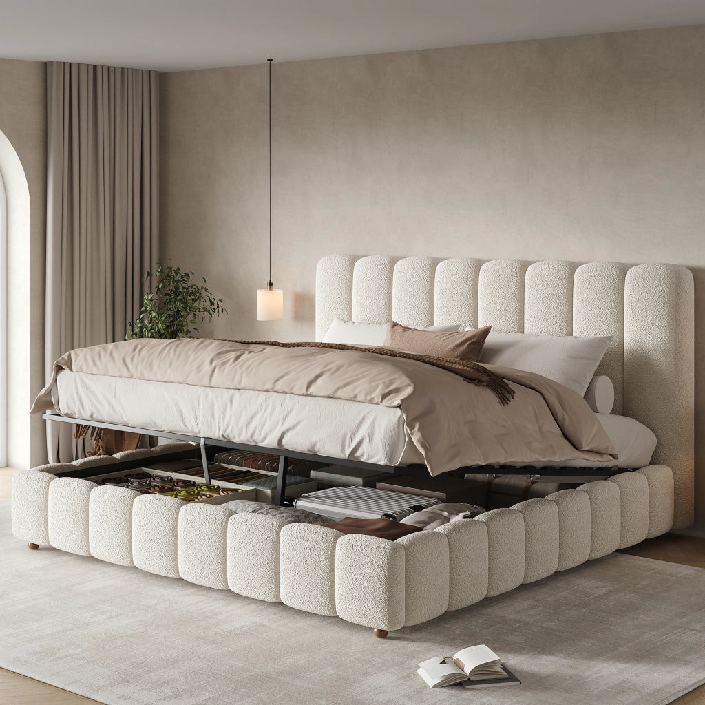 Letto matrimoniale in bouclé bianco 160x200 sollevamento idraulico doghe testiera