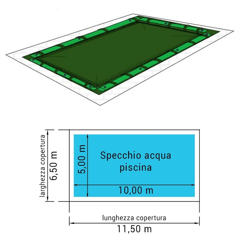 Copertura 11,5 X 6,5 M Invernale Standard 240 Gr/m² Con Bretelle E Salamotti Per Piscine Rettangolari 10x5 M Dimensione piscina: 10.00 X 5.00 m