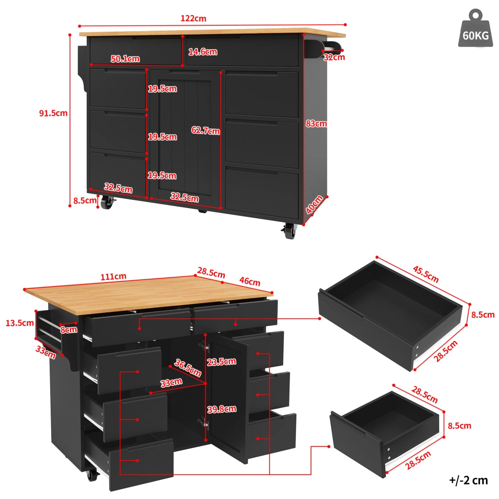 Carrello da Cucina con Cassetti e Ripiano ¨C MINIMAL ¨C Nero, 8 cassetti, ruote