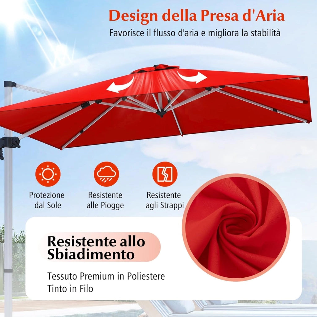 Ombrellone da Giardino, con Base Incrociata, Ombrellone Quadrato da Esterno con Palo in Alluminio e Girevole a 360°, Manovella e Inclinazione Regolabile, 300 x 300 cm (Arancione)