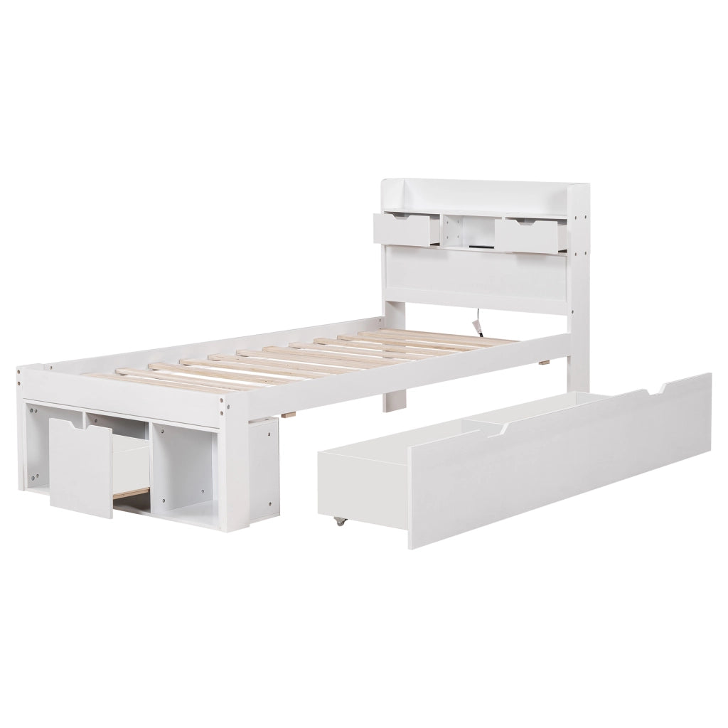 Letto singolo 90x190 cm per bambini e ragazzi con porta USB; cassetto e ampio vano portaoggetti; bianco