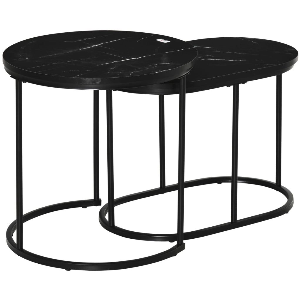Set 2 tavolini da caff¨¨ ovali e rotondi, stapelbar, effetto marmo ¨C zephmum ¨C nero, MDF, metallo, ?50x50.5H