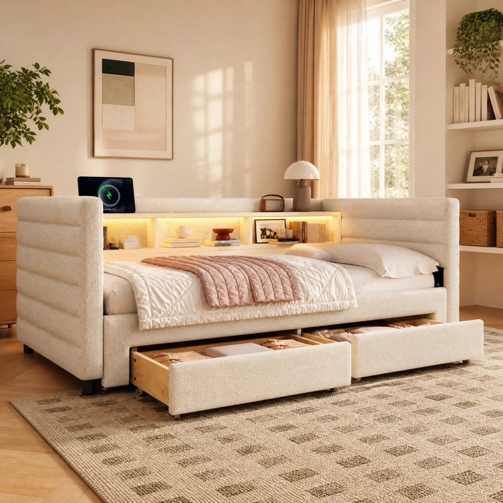 LETTO estraibile 90x190 cm in velluto beige con cassetti e luci LED