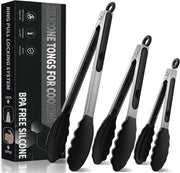 Tang per cucina in acciaio inossidabile con set di 3 pezzi in silicone - griglia per BBQ resistente a 480°F - maniglia antiscivolo - punte in silicone BPA libere - per cucinare e grigliare