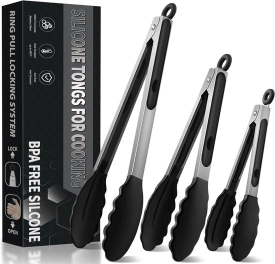 Tang per cucina in acciaio inossidabile con set di 3 pezzi in silicone - griglia per BBQ resistente a 480°F - maniglia antiscivolo - punte in silicone BPA libere - per cucinare e grigliare