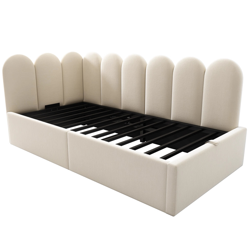 OKWISH Letto Banquette 90×200 cm, Letto Singolo con Contenitore Idraulico e Testiera, senza Materasso, in Velluto, Beige