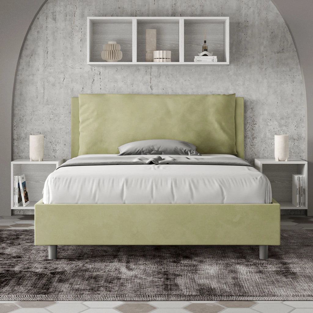 BS COM Letto matrimoniale francese con rete imbottito 140x190 microfibra tè verde Large