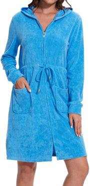 Badia elegante per donne con cappuccio e zip in cotone per il bagno, corta e blu chiaro turquesa