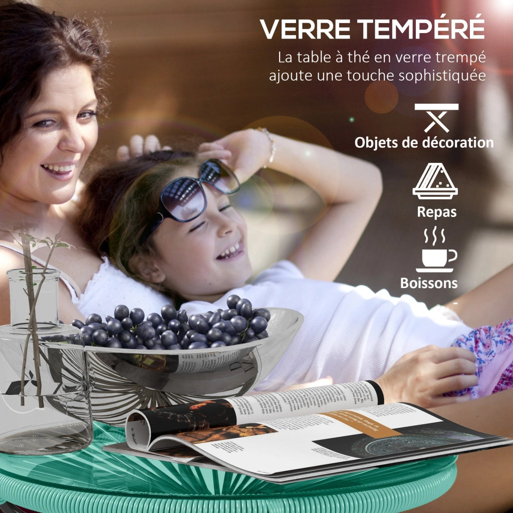 Tavolino da giardino rotondo in resina effetto rattan con piano in vetro temperato e gambe in metallo ¨C Minimal ¨C ?50xH50 cm