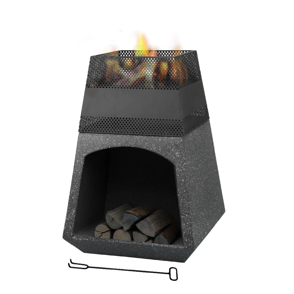 Braciere da Esterno a Legna con Porta Legna Integrato in MGO e Ferro Verniciato a Polvere, Fire Pit da Giardino con Base Effetto Pietra, Resistente a Ruggine e Calore 44 cm