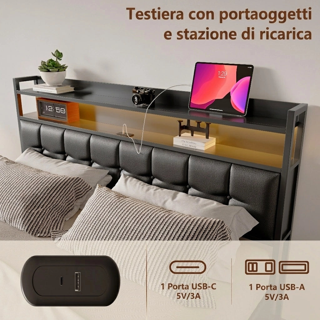 Letto matrimoniale 140x200 cm con contenitore LED USB testiera struttura letto MDF e PU - nero