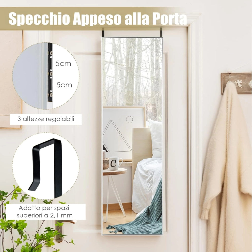 Specchio da Parete Lungo, Specchio da Terra Appendere con Cornice in Lega di Alluminio e Ganci, Per Camera da Letto e Soggiorno, 120 x 37 cm (Argento)