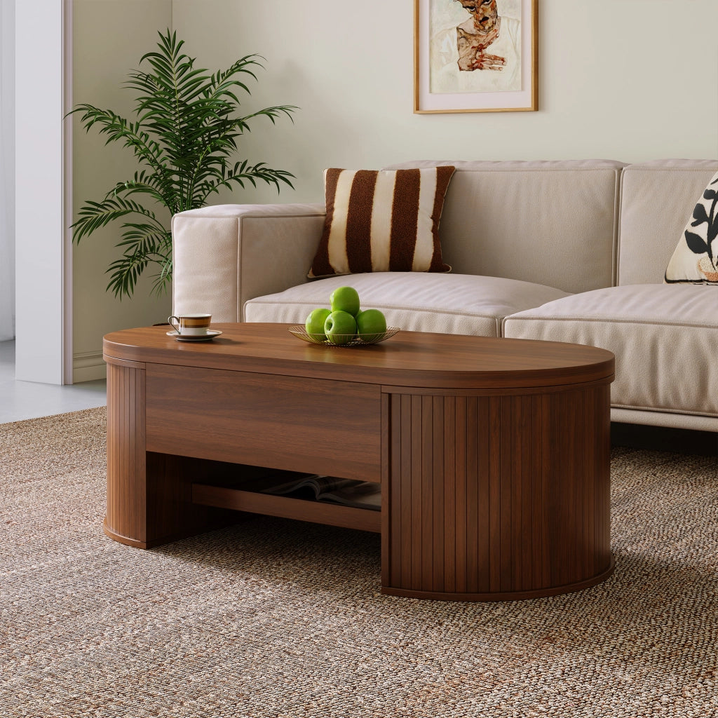 Tavolino da salotto sollevabile con spazio contenitivo e ripiano scorrevole per soggiorno, in MDF, noce naturale, 110 × 55,5 × 40 cm