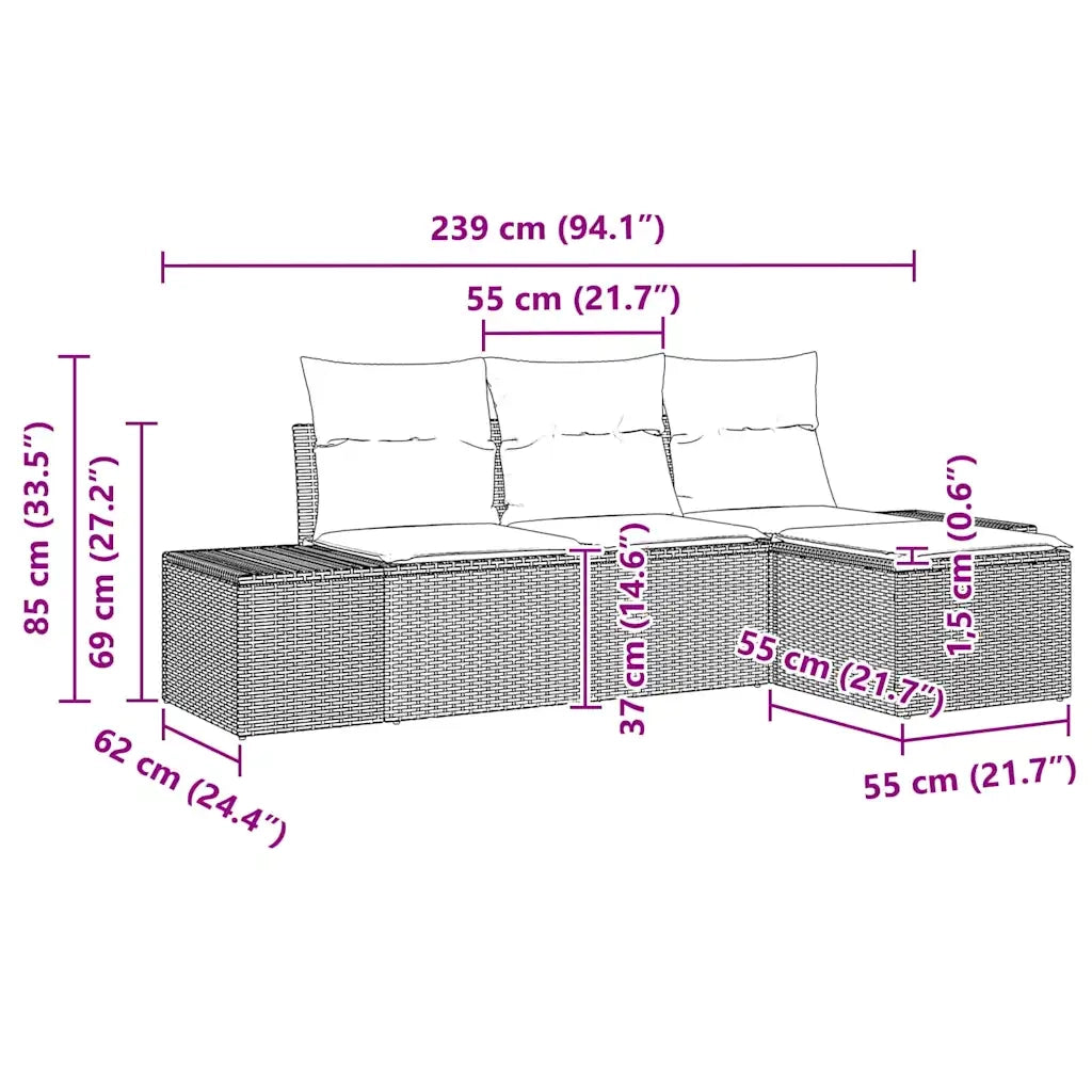 Set Divano da Giardino con cuscino 4 pz | Set Salotto da Giardino Nero polyrattan