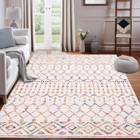 Tappeto di Stile con Disegno Geometrico per Camera da Letto e Salotto, Lavabile e Antiscivolo