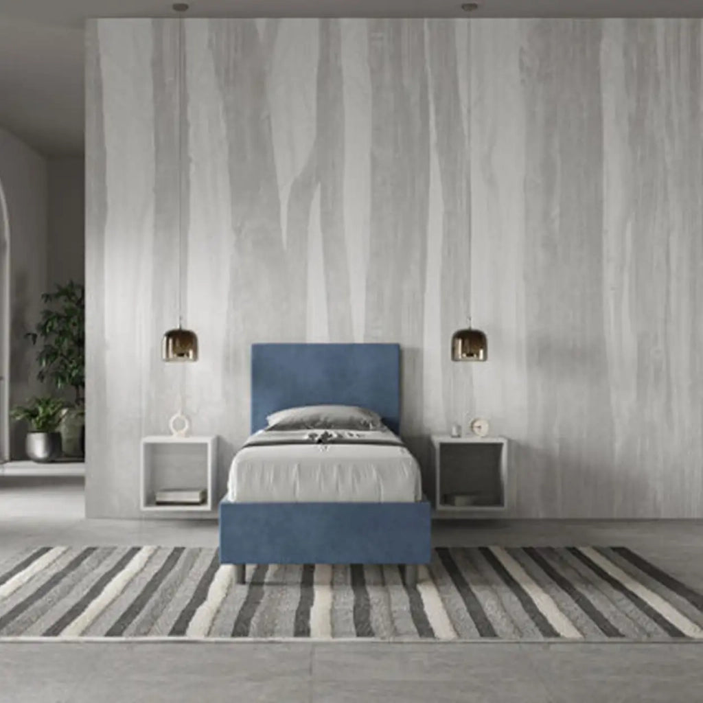 Letto singolo con rete imbottito 80x190 microfibra blu Adele