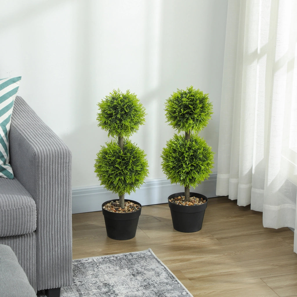 Piante Artificiali Decorative Bosso - Xylo - Set 2 Pezzi 60cm con Vaso Verde