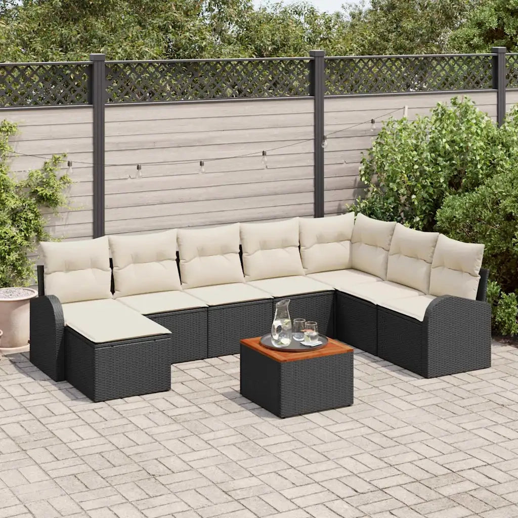 Set Divano da Giardino con cuscino 9 pcs Nero polyrattan
