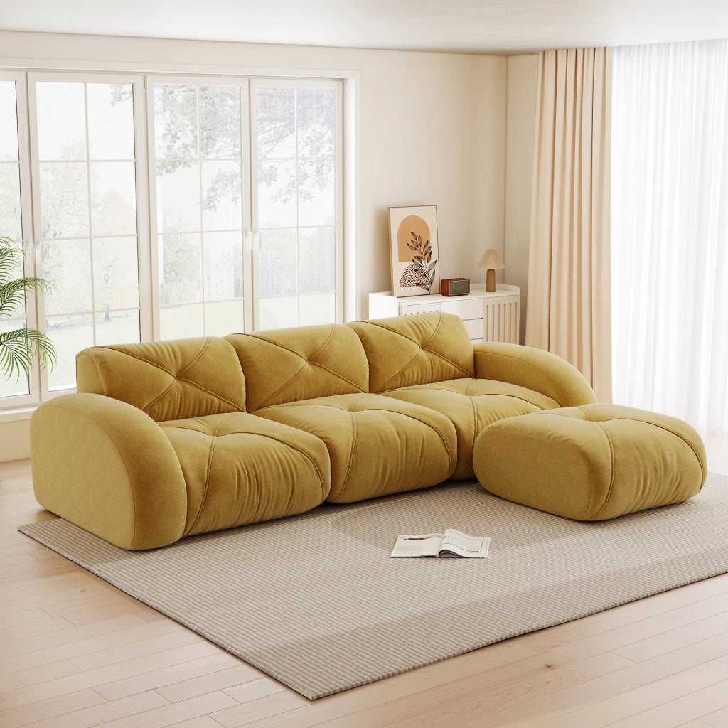 Divano modulare a L con pouf - in chenille con schiuma 32D e base antiscivolo - giallo