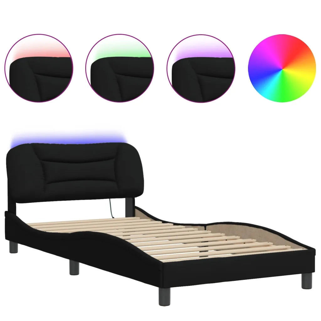 Letto singolo | Letto per adulti | Giroletto con LED senza Materasso Hvar Nero 100x200 cm in Tessuto