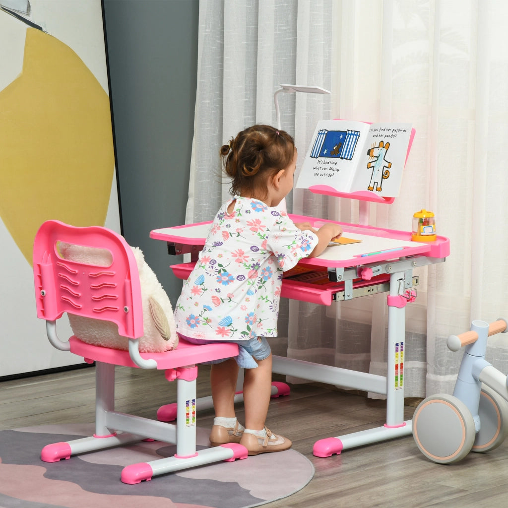 Banco Scuola Regolabile con Sedia per Bambini 6-12 Anni, 70x49.5x80-105 cm, Rosa